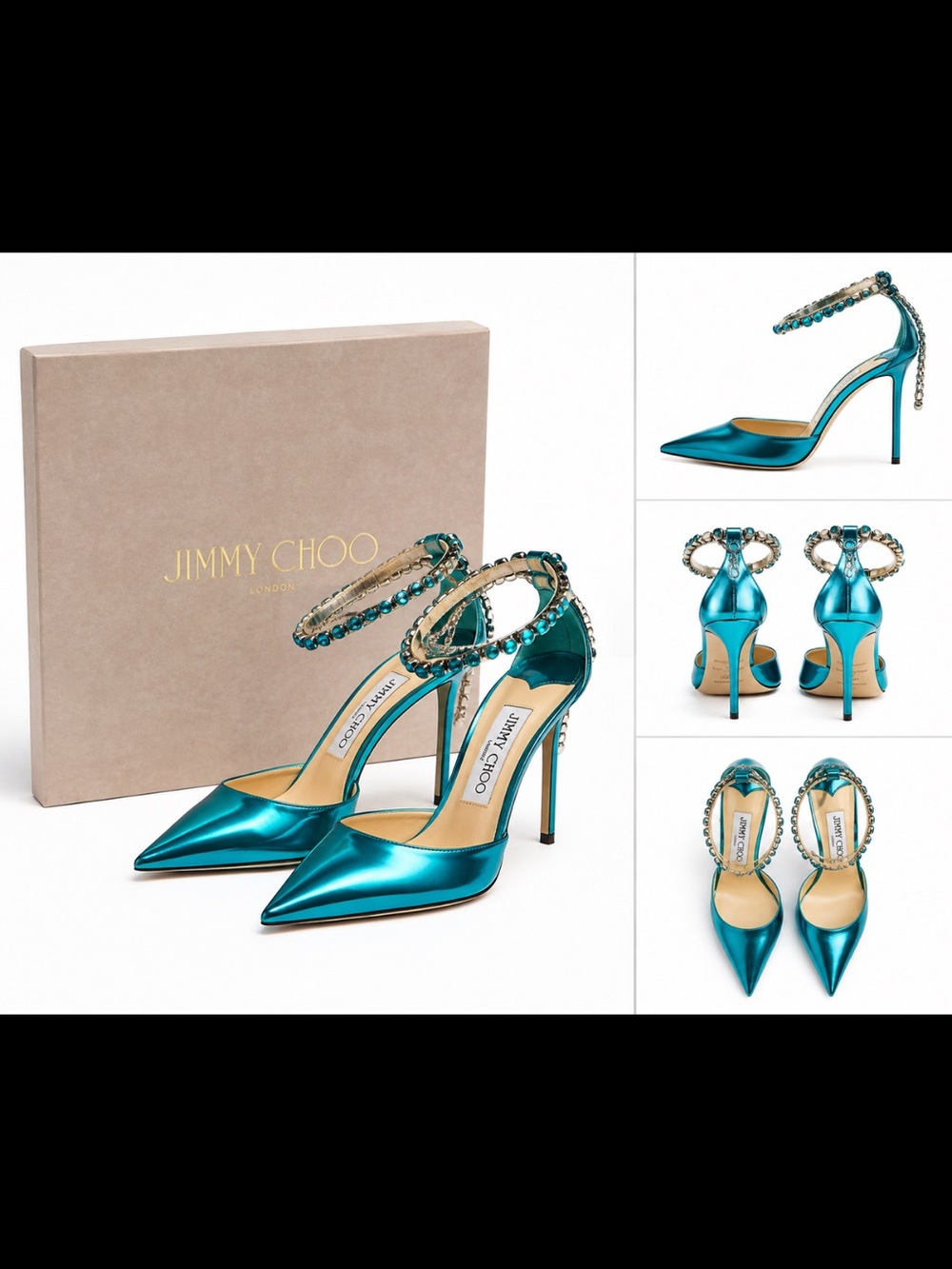 Jimmy Choo Metallic Teal Crystal-Ankle Strap Pointed Pumps